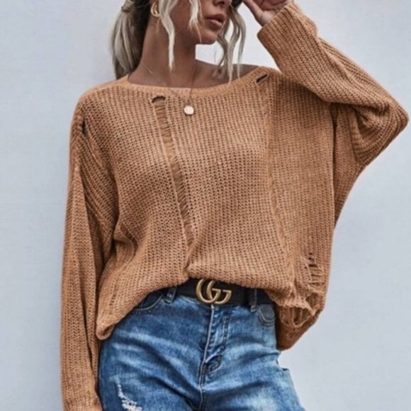 !!! SALE --- TAN DISTRESSED SWEATER - Picture 2 of 7
